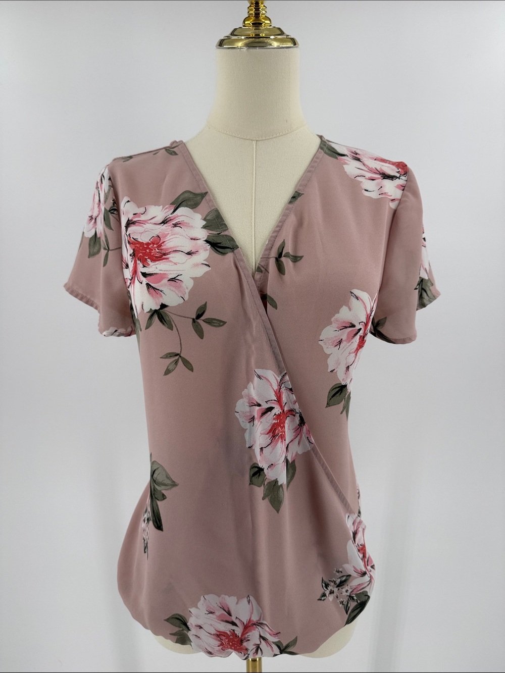 Lily White Dusty Rose Floral Wrap-Style Blouse
